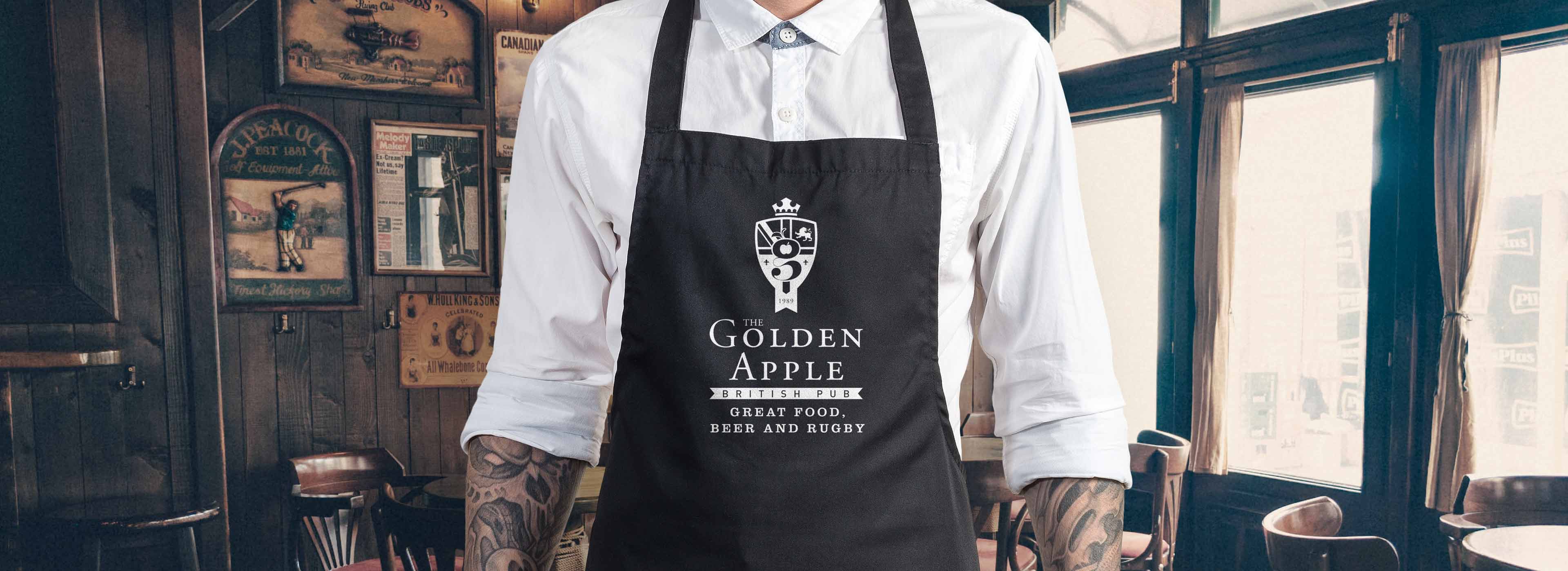 The Golden Apple, British Pub, diseño del logotipo y de la identidad corporativa